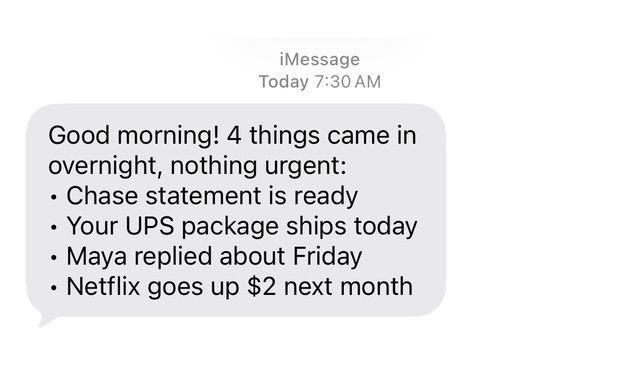 An example of Gravel's morning brief: four things came in overnight, nothing urgent.